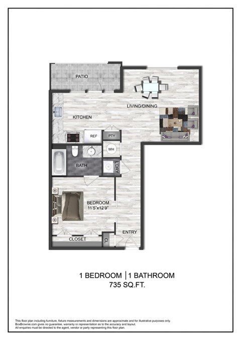 A floor plan of a one bedroom apartment.
